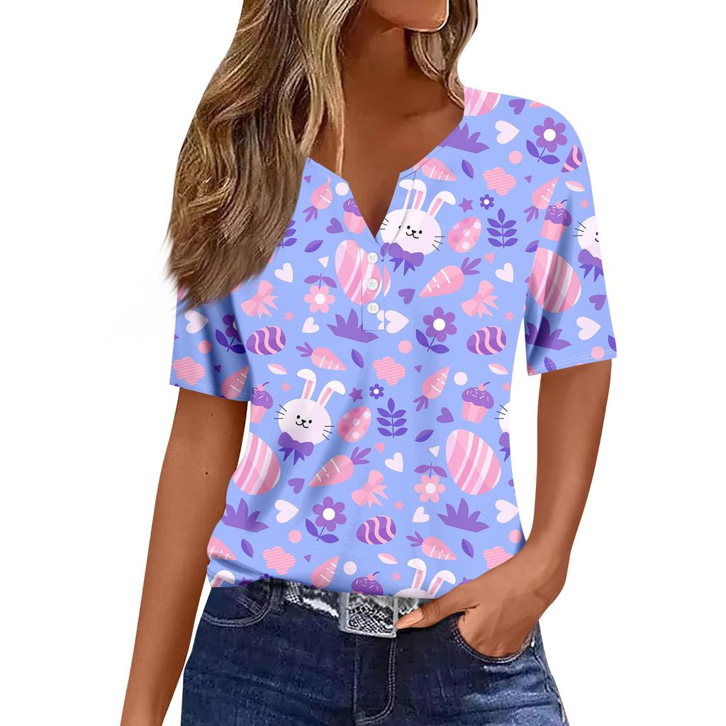 Women's Casual Print V-Neck Short Sleeve Decorative Button T-Shirt Top