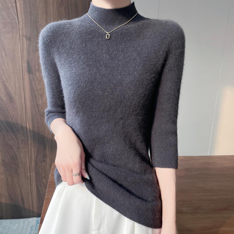 New Spring and Summer Half-high Neck Short-sleeved Sweater for Women's Fashionable Base Shirt with A 7-quarter Sleeve Sweater Slim-fit Body