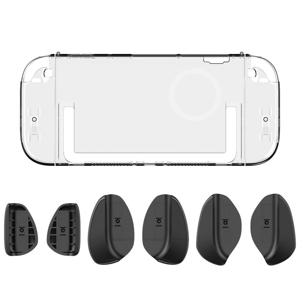 Switch 2 Transparent Case with 6 Interchangeable Grip Covers (3 Thickness Sets) - Anti-Slip Texture, Magnetic & Dock Compatible