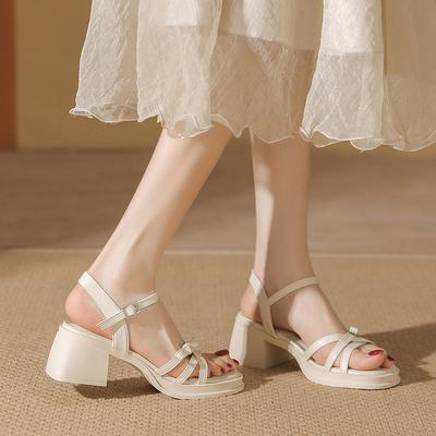 Летние новые сандалии на толстом каблуке, универсальные, с открытым носком, женские, с бантом и надписью, сандалии на высоком каблуке