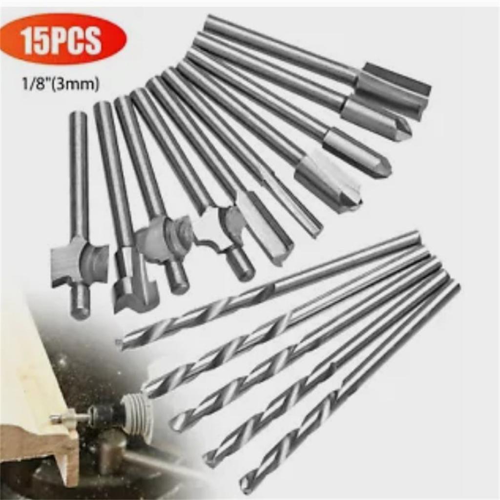 15pcs 1/8" Shank Router Bit Set Engraving Milling Cutter Twist Drill Bits DIY Woodworking Carving Drilling Rotary Tools