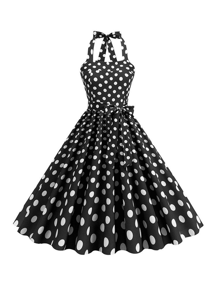 Women's Vintage High-Waist Polka Dot Party Dress Summer 50s Style Robe Beachwear Large Size Female Clothing with Belt