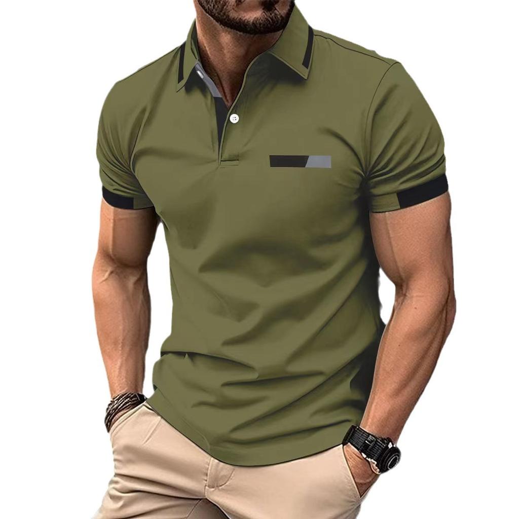 New Men's Casual POLO Shirt Chest False Pockets Lapel Buttons Business T-shirt Tops Male