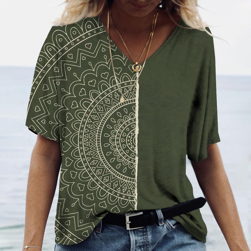 2023 Новая женская одежда, летняя футболка с принтом, топы с короткими рукавами и градиентом мандалы, пуловер с v-образным вырезом, футболки, повседневная уличная одежда, большие размеры 5XL