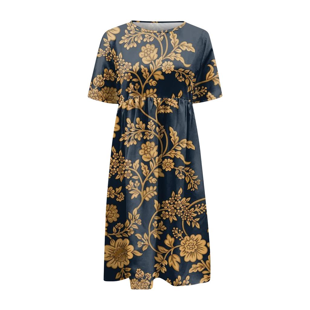 Жен. Повседневные платья Платья с принтами Летние платья С принтами Плиссированные платья-миди с круглым вырезом Классический Классический На открытом воздухе Повседневные С короткими рукавами Свободные платья