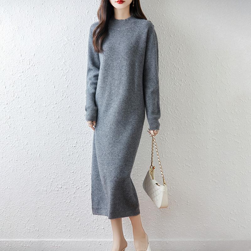 Women Sweater Dress 100% Wool TIDENOVEL O-neck Knit Long Pullover Winter Jumpers Wool Long Dress Female