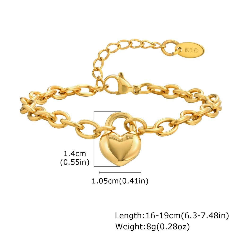 Stunning Heart Pendant Bracelet for Women,18K Gold Plated Stainless Steel, Elegant Metal Handmade Chunky Jewelry