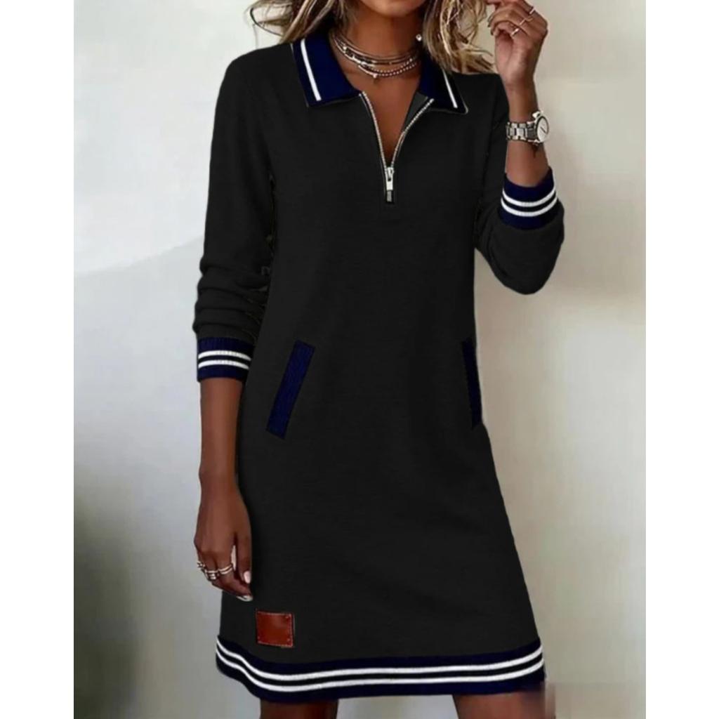 Fall Winter Women's Casual Color Block Dress Zip Collar Long Sleeve Pockets Dress European American Style