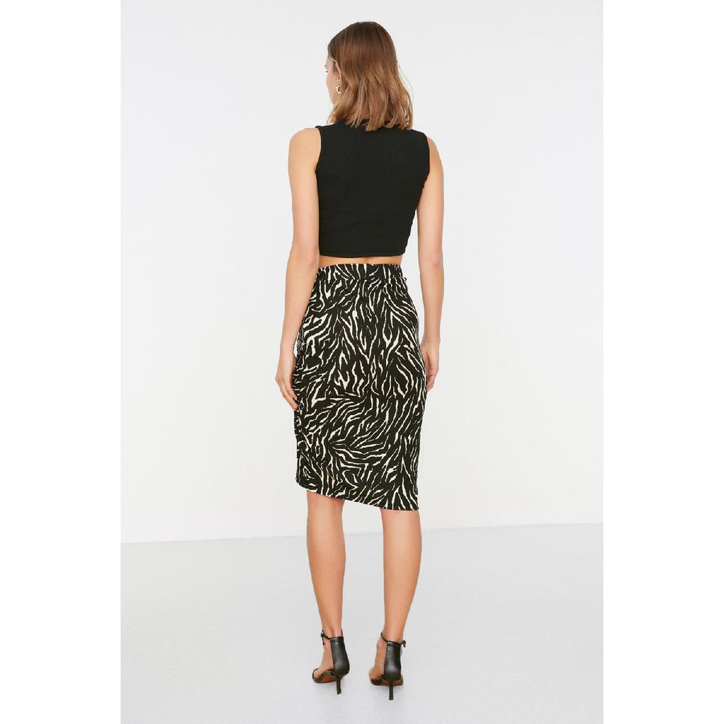 Black Printed Pleated And Slit Fitted High Waist Mini Knitted Skirt Twoaw22et0401