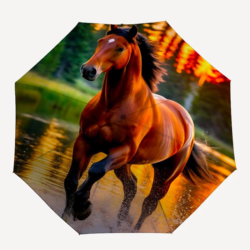 1pc Horse Water Reflection Automatic Folding Umbrella Portable Collapsible 8-Rib Umbrella for All Seasons, Casual Outdoor Accessory, B60