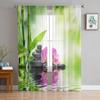 Green Bamboo Leaves Stone Flower Water Reflection Sheer Curtains for Living Room Bedroom Decor Window Voile Tulle Curtain Drapes