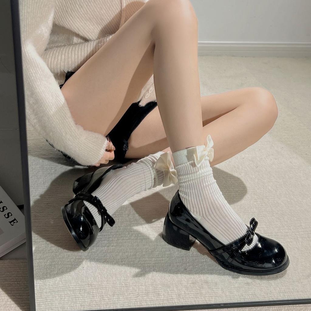 Fairy Wind One-word Buckle Belt Women's Shoes 2025 Spring and Summer New Mary Jane Light Mouth Bow Thick Heel Single Shoes Women