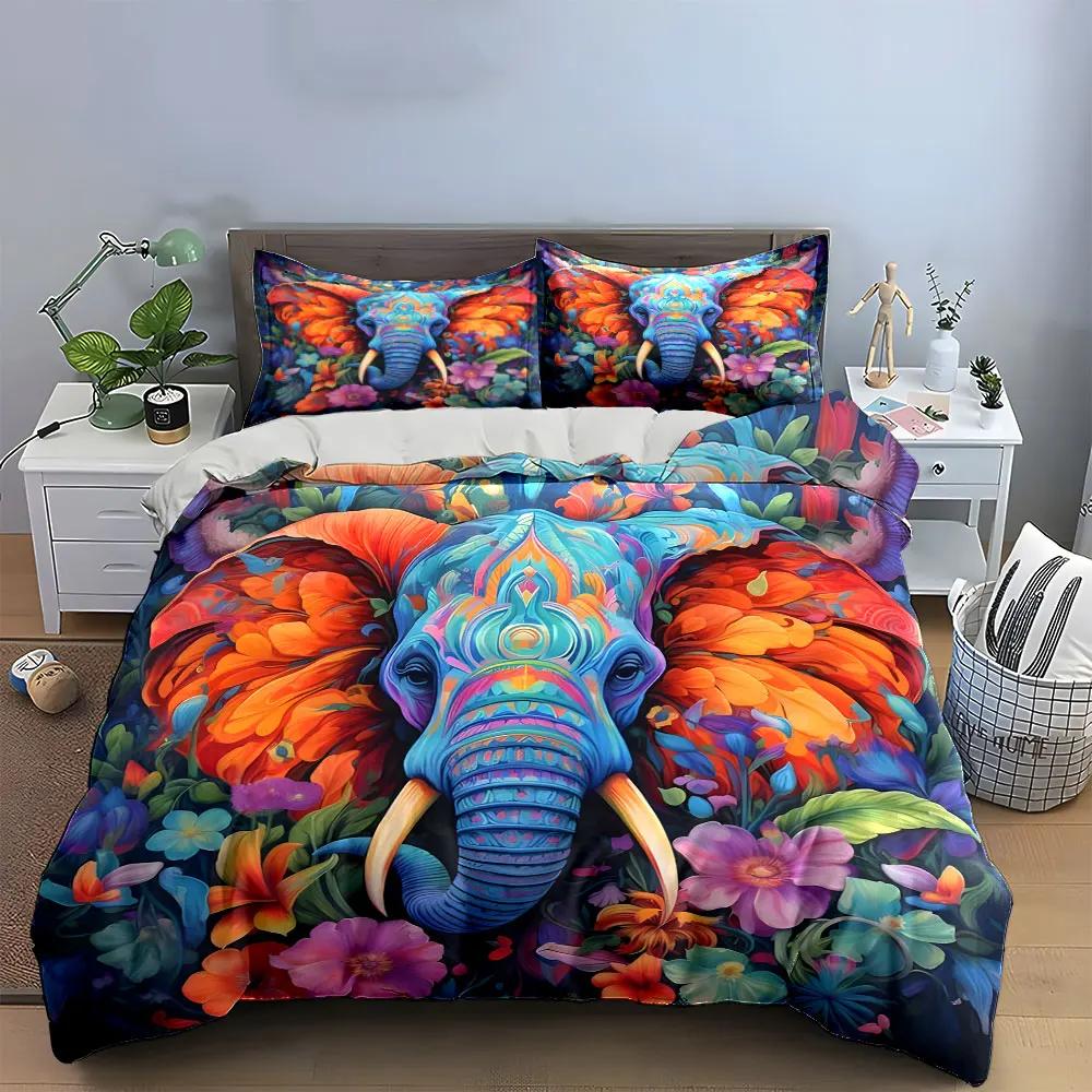 Colorful Elephant Floral Art Set Multiple sizes kid's and adults' bedroom Exquisite 3PC bedding set gift