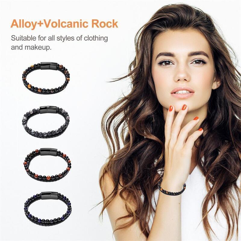 Мужской браслет из вулканического камня в два ряда с застежкой из сплава и кожи, 21 см