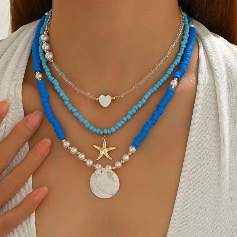 Bohemian Seaside Necklace Blue Soft Pottery Beaded Pendant Vacation Wind Starfish Collarbone Chain