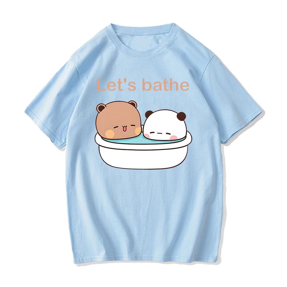 Футболки Kawaii Bear Panda Bubu и Dudu Let's Bathe с мультяшным принтом, футболка из 100% хлопка, футболки с короткими рукавами, милые футболки с круглым вырезом, повседневные аниме