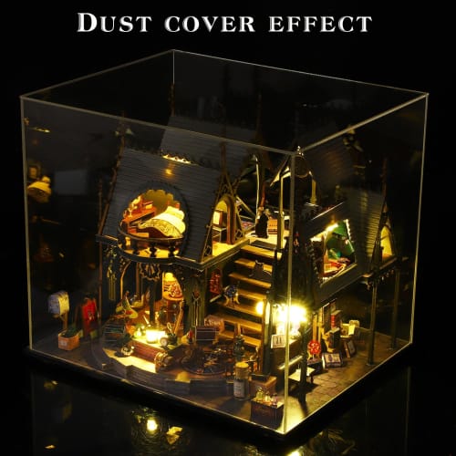 Spilay DIY Wooden Dollhouse Model Castle Building Scenery, Miniature Dollhouse DIY Kit Set for Beginners - (Magic House) + LED Light, Dustproof Cover