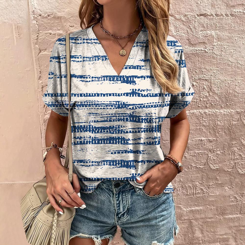 Летняя женская футболка с полосатым принтом, футболка в стиле тай-дай с коротким рукавом, женская одежда, V-образный вырез, свободная блузка, женские футболки