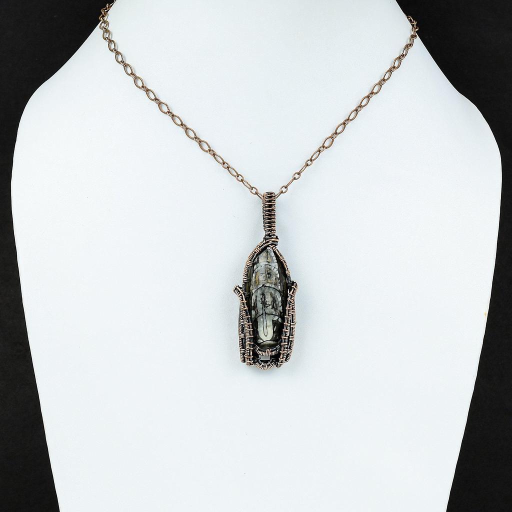 Подвеска Orthoceras Fossil, медная проволочная обертка, ювелирные изделия Orthoceras Fossil, подвеска ручной работы из драгоценных камней, уникальные медные ювелирные изделия, подарок для нее