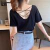 Женский топ с коротким рукавом в корейском стиле с вырезами - Повседневный свободный крой, круглый вырез, открытая спина, тонкий летний дизайн.