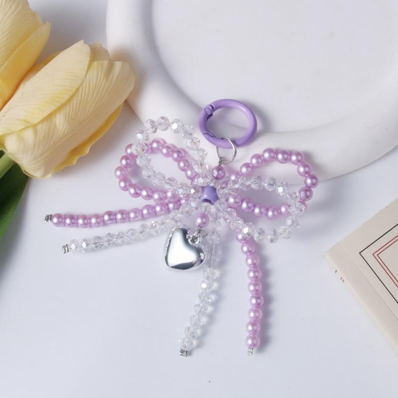 Y2K Bowknot Pearls Bag Pendant Charm Heart Keychain Elegant Beaded Keyring Sweet Bow Phone Key Chain