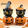Tiered Tray Fall Decorations Halloween Black Cat & Pumpkin Resin Ornaments, Cute Desktop Figurines, Creative Gift for Lovers Cartoon And Statue