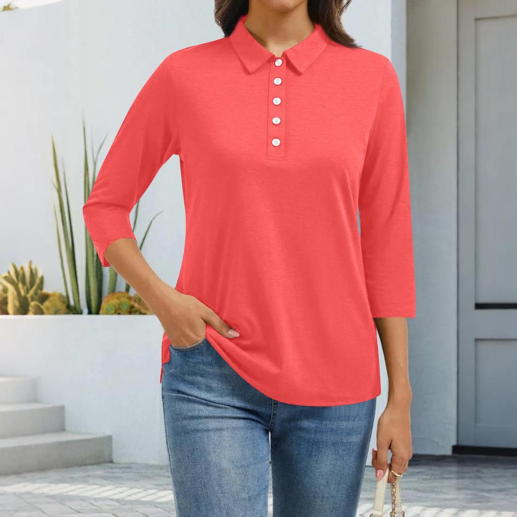 Women's Fashion Casual Lapel Short 3/4 Sleeve Solid Color Shirt Women's Button Up Tops