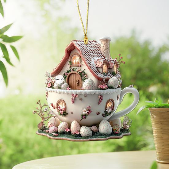 1Pc/5Pcs Easter Coffee Cup House Ornaments Chocolate Mug Bunny House Pendant 2D Acrylic Hot Cocoa Mug Spring Ornament for Holiday Home Decor
