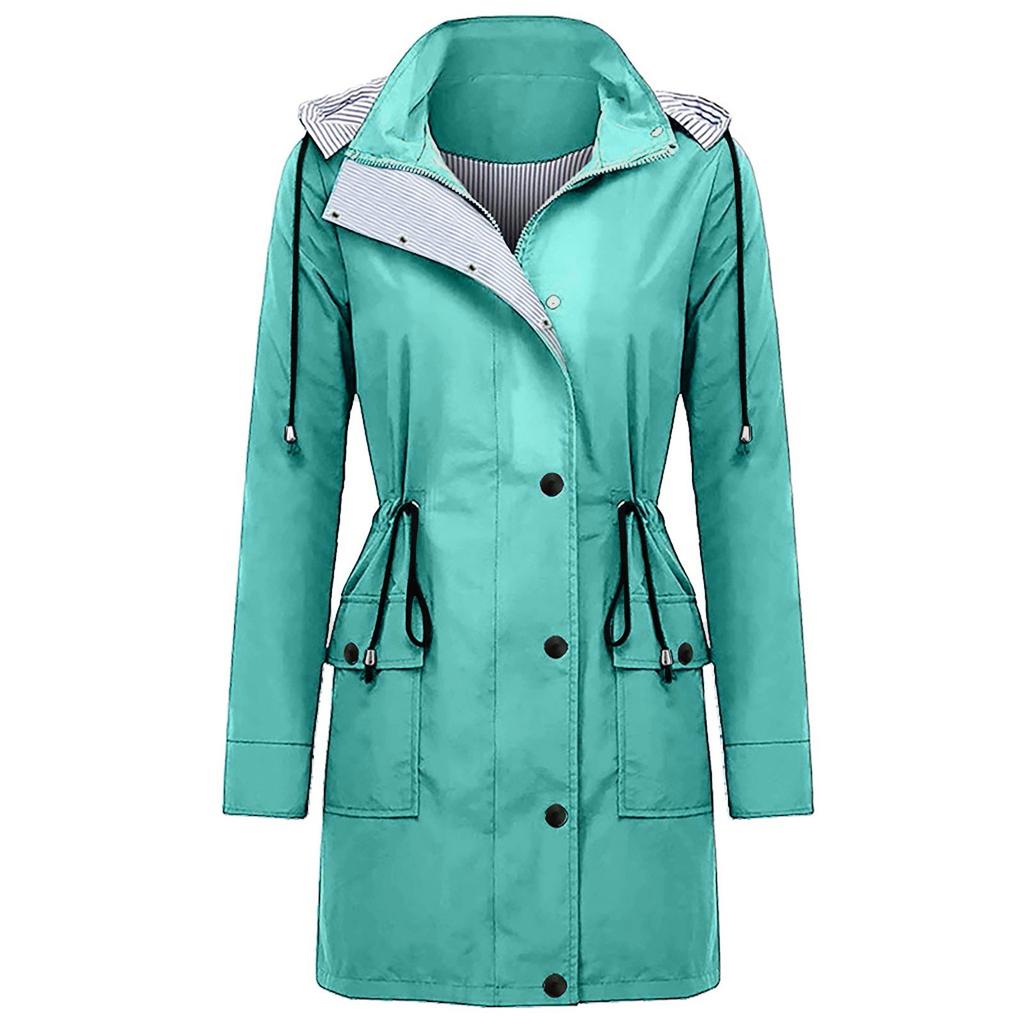 Women Solid Rain Jacket Outdoor Plus Size Waterproof Hooded Windproof Loose Coat