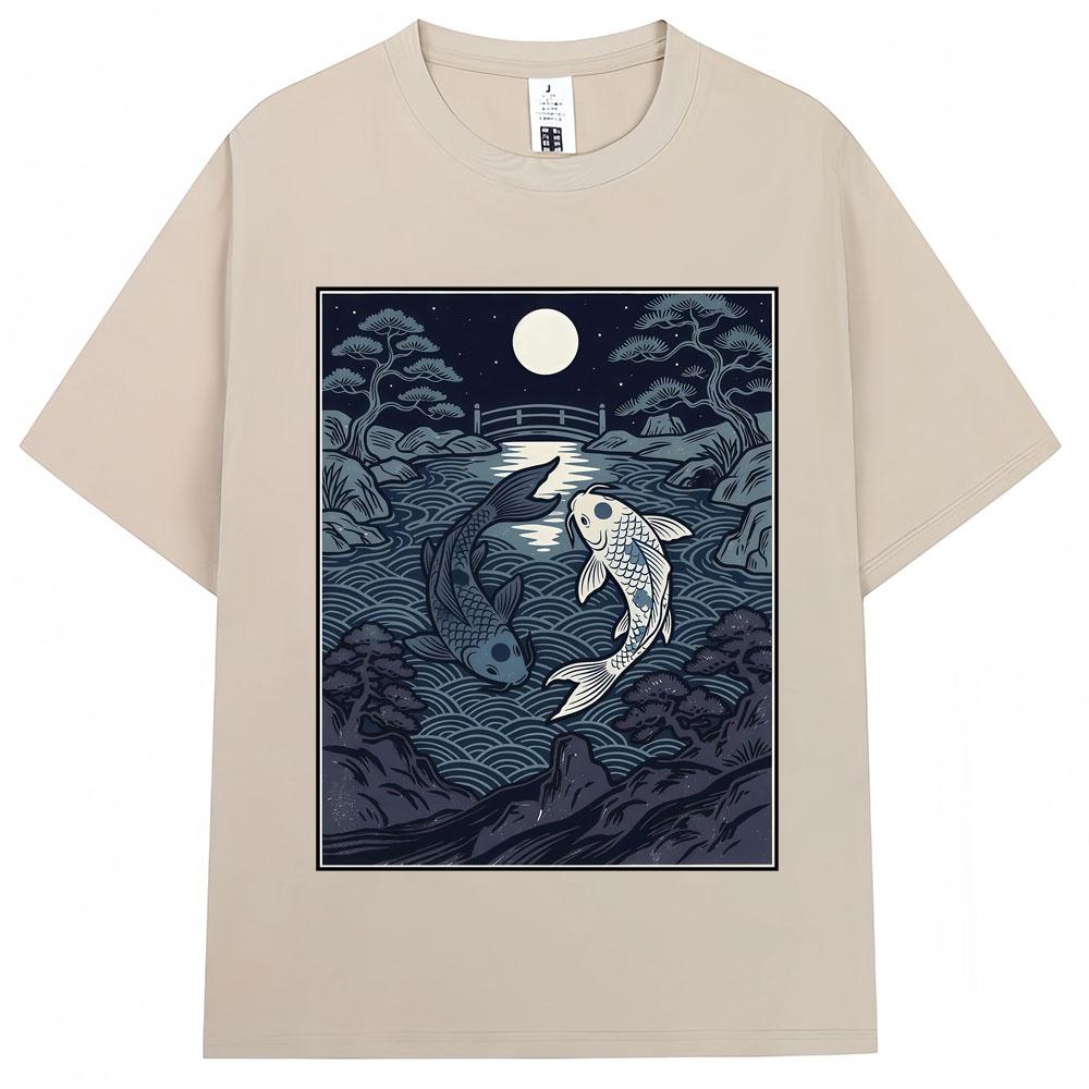 Japanese Style Yin Tang Koi Fish Moonrise Graphic T Shirt Unisex Unisex Fashion Vintage Tshirts Oversized Cotton Casual Y2k Tshirt