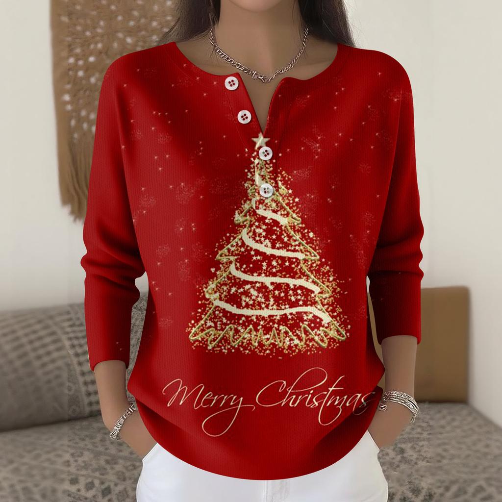 Женская мода Топ с длинным рукавом и рождественским принтом в виде снежинок Элегантный повседневный топ