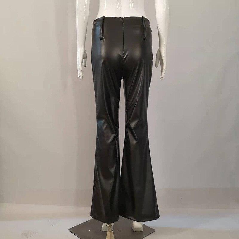 Расклешенные брюки с высокой талией 2023 Весенняя мода женские эластичные брюки из искусственной кожи узкие повседневные брюки для бега 26318