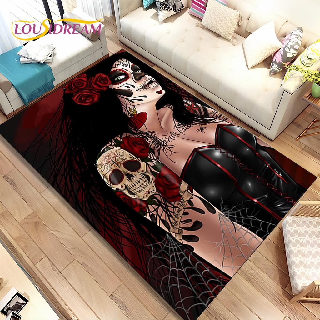 Gothic Horror Female Skull Dead Girl Area Rug,Carpet Rug for Home Living Room Bedroom Sofa Doormat Decor,kids Non-slip Floor Mat