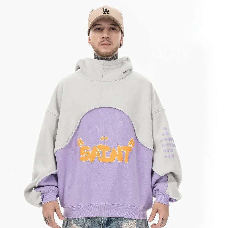 Autumn Winter New Trendy 3D Foam Color Contrast Hoodie Velvet Off Shoulder Patchwork Chic Sweatshirt