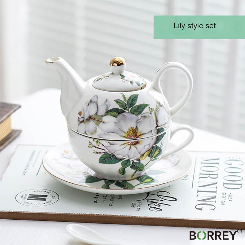 BORREY Bone China Чайный горшок Набор Цветочный чайник Керамическая чашка Офисная кофейная чашка Кружка Послеобеденный чайный сервиз в британском стиле Набор из 4 предметов
