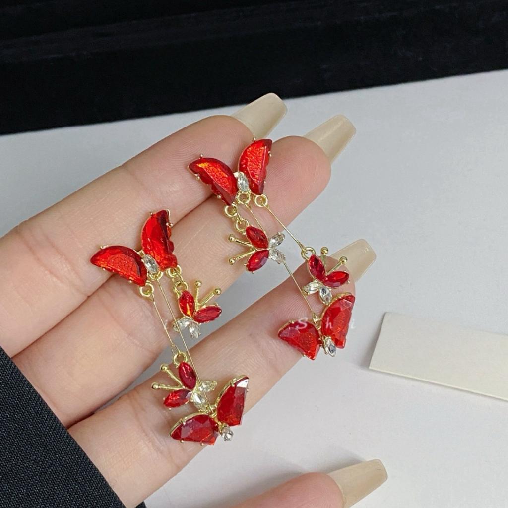 Длинные серьги-подвески из красного стекла с бабочкой для женских свадебных украшений