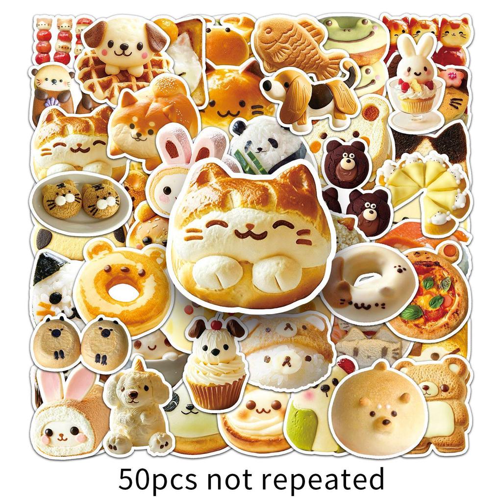 Animal Food Sticker Set: 50 Cute Cartoon Bread, Cookie Shapes, Waterproof Lunch Box Decor.
