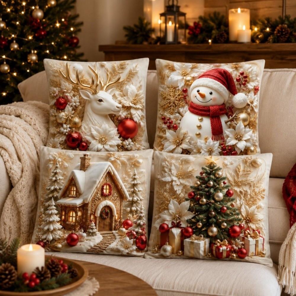 4Pcs Plush Decorative Pillowcase 45*45cm Christmas Pillow Cover Festive Home Decor