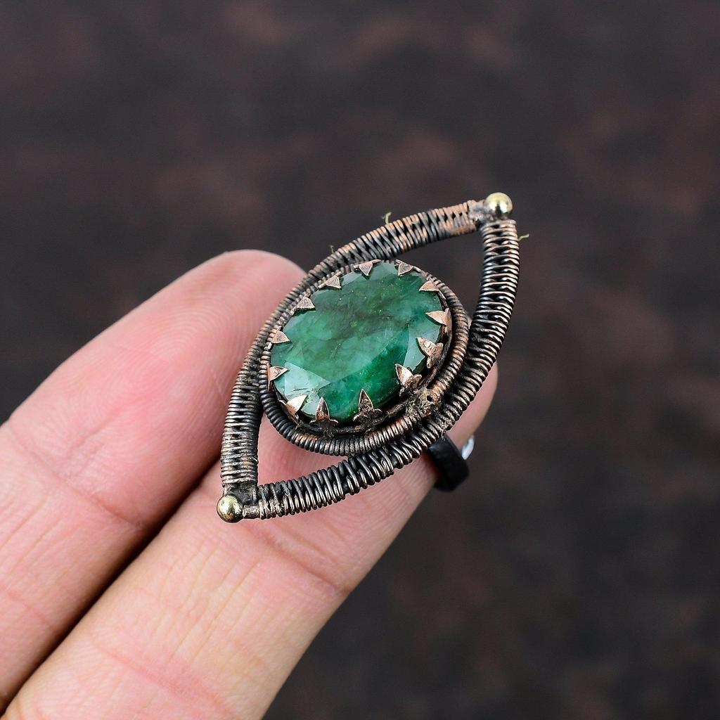 Кольцо с граненым замбийским изумрудом, кольцо из медной проволоки, регулируемое кольцо, ювелирные изделия ручной работы, оригинальное кольцо с драгоценным камнем, медные украшения, подарок на помолвку