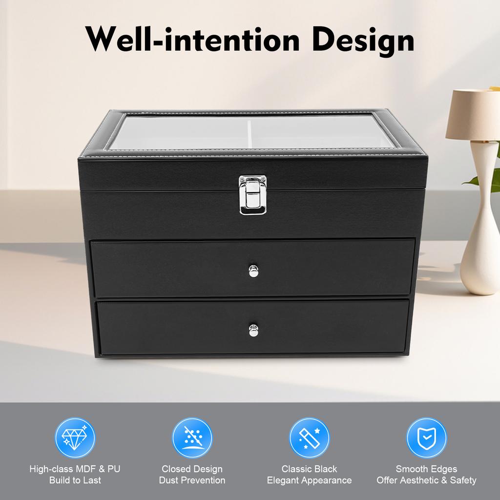 Коробка для часов с 24 ячейками, стеклянная крышка, 3-уровневый дисплей-кейс, органайзер-держатель для часов и очков, с замком для коллекционеров