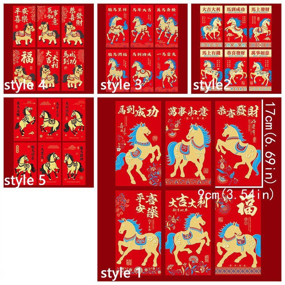 6pcs 2026 Horse Year New Year Money Envelope Cartoon Blessing Words Lucky Red Pockets Hongbao Traditional Money Bag