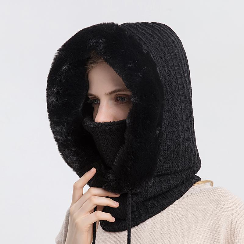 Hat Soft Winter Fur Cap Mask Set Hooded for Women Knitted Cashmere Neck Warm Balaclava Bicycle Hat Thick Plush Fluffy Ski Windproof Hat