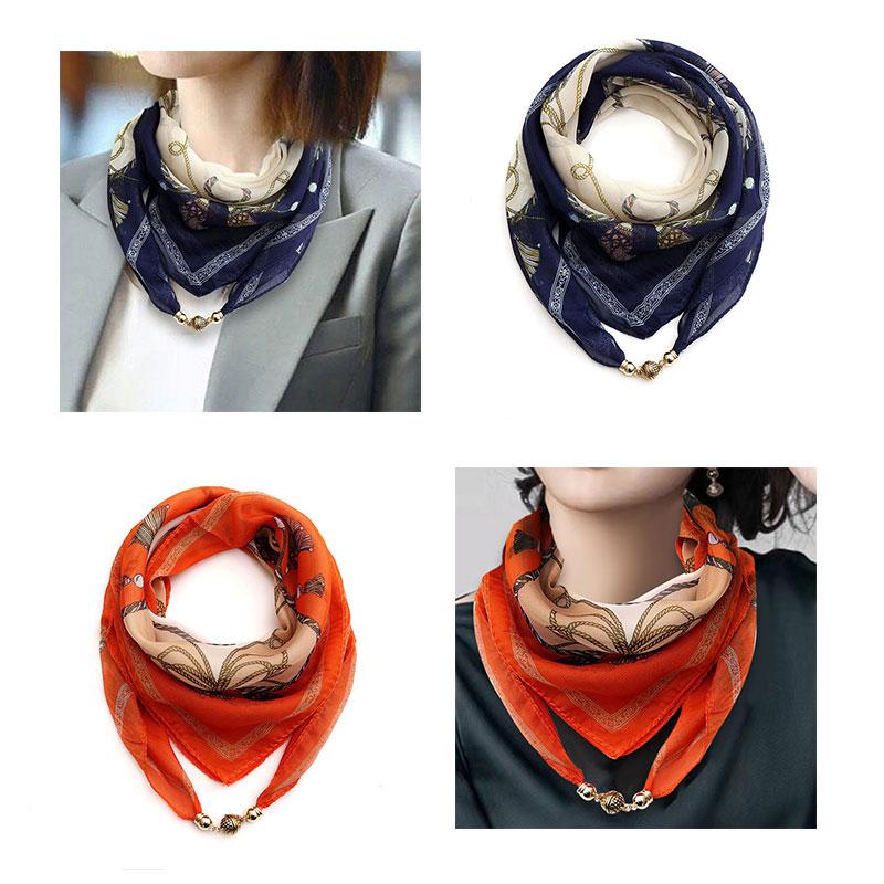 Women Necklace Accessories Chiffon Silk Scarf Magnetic Buckle Necklace Pendant Printed