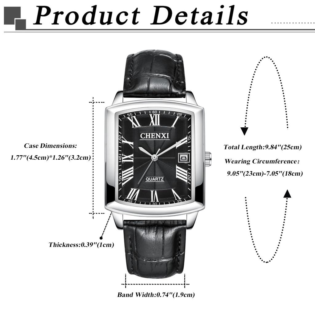 Square Watch with Leather Couple Roman Analog Wrist Waterproof Easy To Read Popular Suitable for Black Men Men's Strap Watch, Numerals, Date, Quartz,