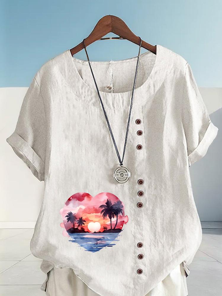 Women's Fashion Heart-shaped Scenery Printing Shot Sleeve T-shirt Loose Cotton Shirt Casual Loose Summer Blouse Tops Plus Size
