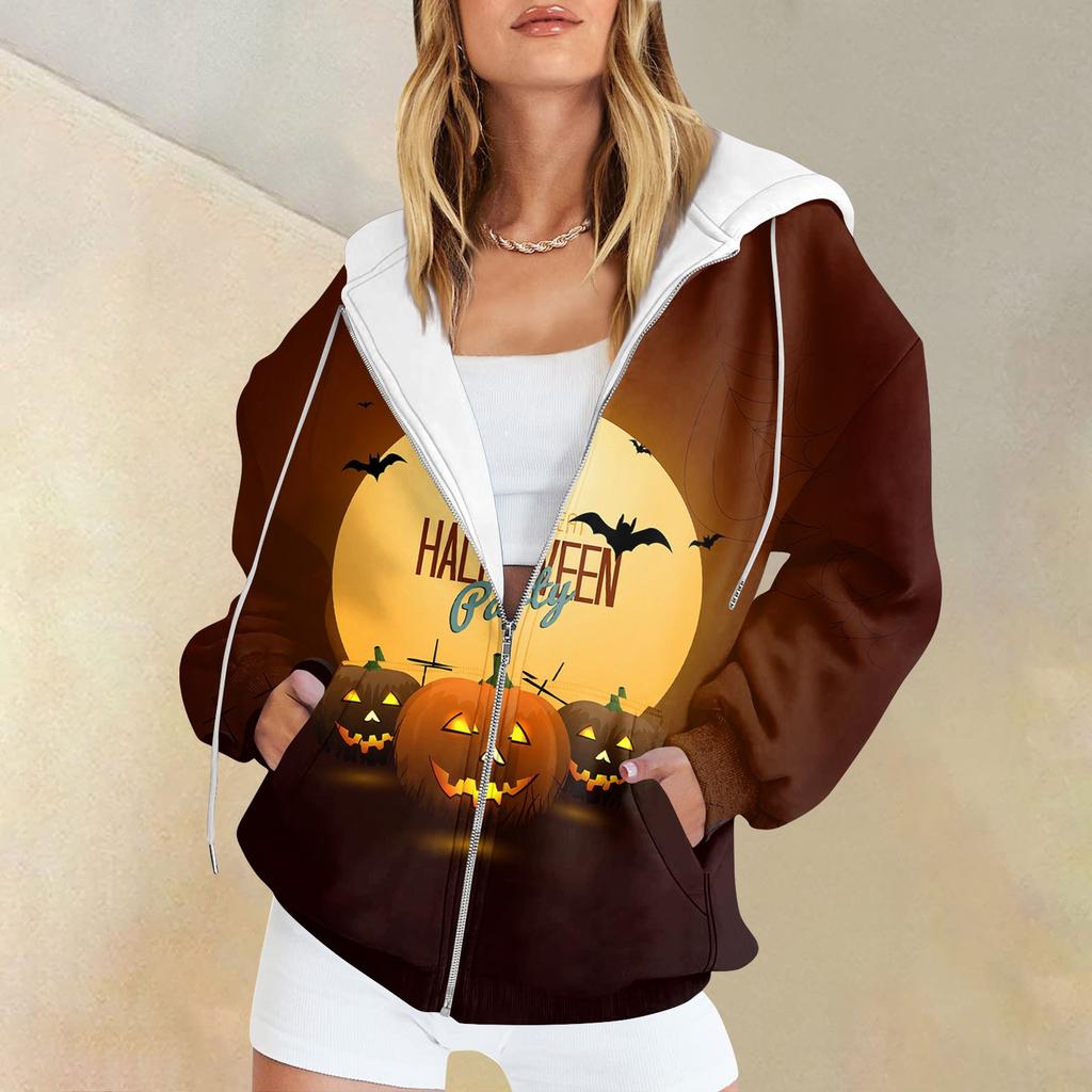 Women's Fashion Casual Halloween Printed Sweatshirt Autumn Winter Long Sleeve Cardigan With Pockets Zipper Hoodie Jacket