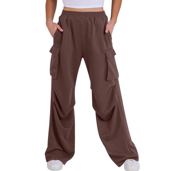 Women Cargo Pants Elastic Waist Mid-rise Straight Wide Leg Sweatpants with Multi Pockets Solid Color Casual Jogging Pants Loose Lounge Pants