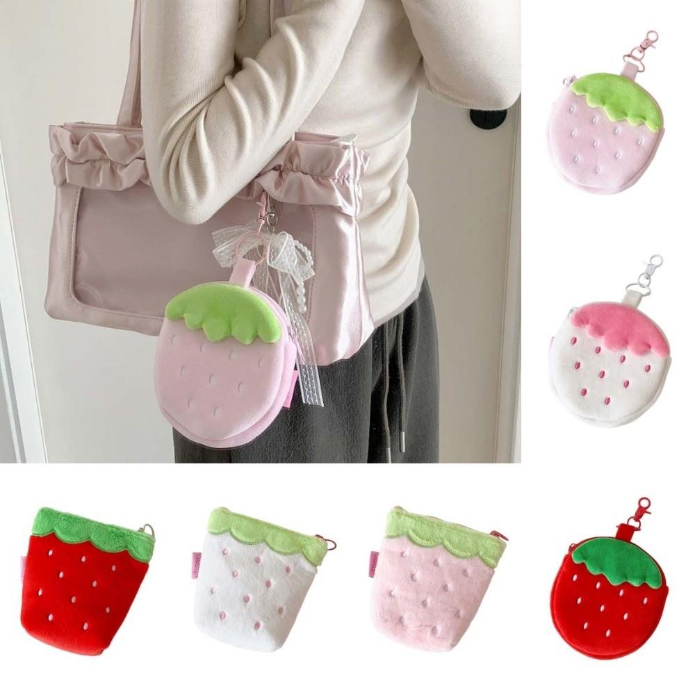Zipper Design Plush Strawberry Keychain Lipstick Card Bag Earphone Bag Gift Giving