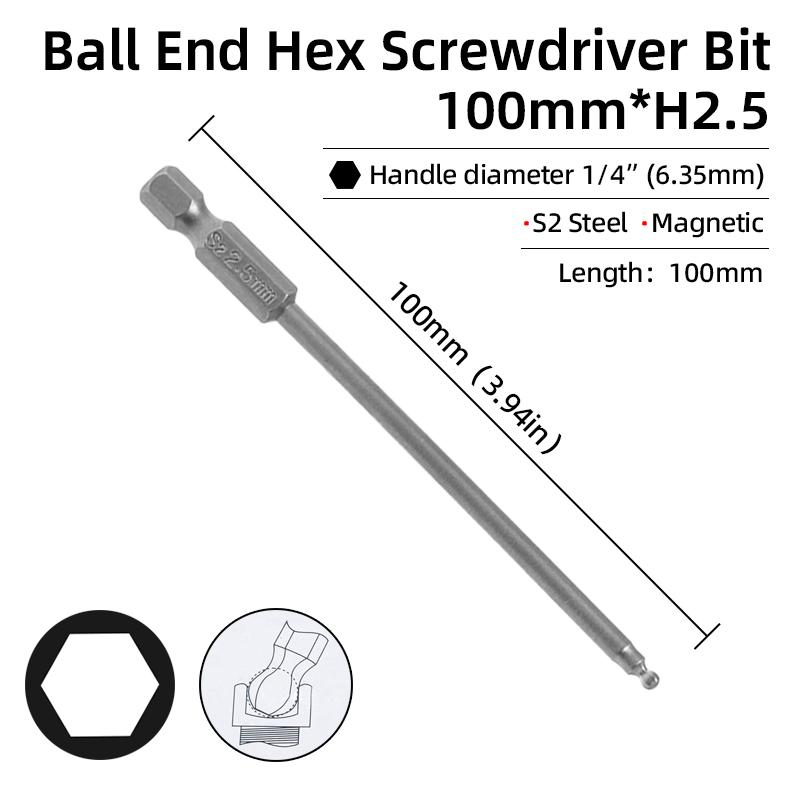 Набор шестигранных отверток с шаровым наконечником, шестигранный ключ, отвертка, сверло с хвостовиком 1/4 дюйма, магнитная сталь S2 65/100 мм, ручные ремонтные инструменты