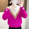 Women Knitted Sweater Autumn and Winter Colorblocking V-Neck Long Sleeve Knit Sweater Thickened Knit Jumper